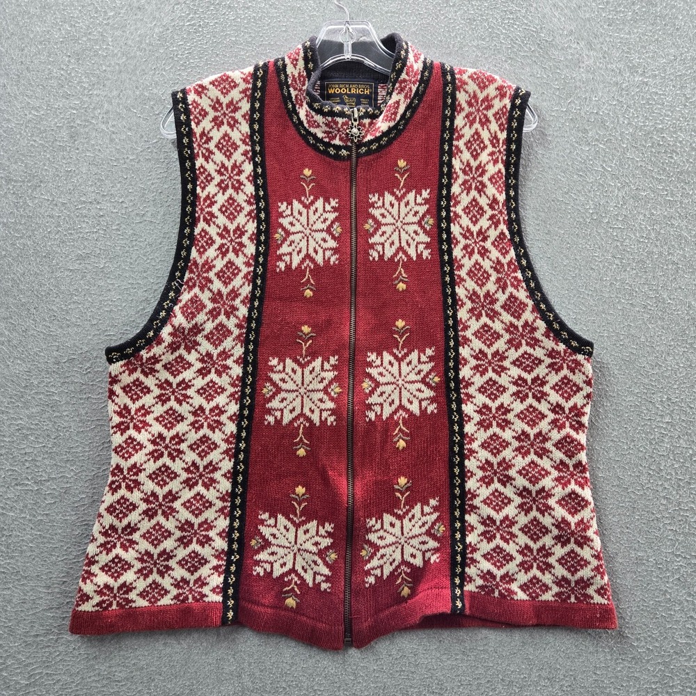 VINTAGE Woolrich Women Jacket Large Red Sweater Vest Snowflakes Full Zip 90s